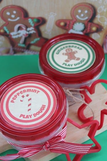 Homemade Peppermint and Gingerbread Play Dough.  FREE printable too!