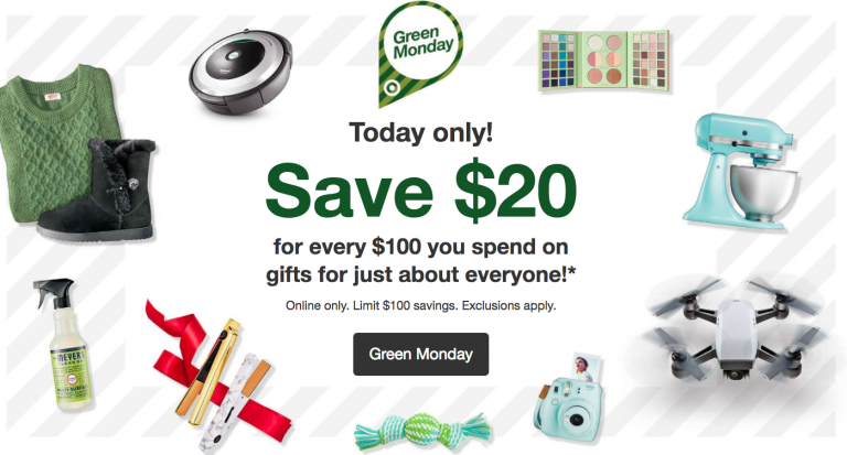 Target Green Monday: Save $20 for Every $100 You Spend (12/11 only)